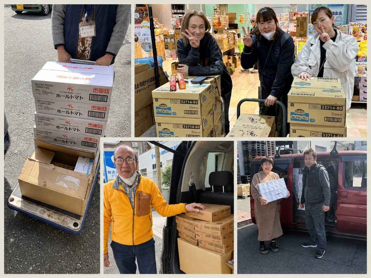 食品の入った段ボール箱を支援団体へ引き渡すNPOスタッフと、車両から箱を降ろす様子