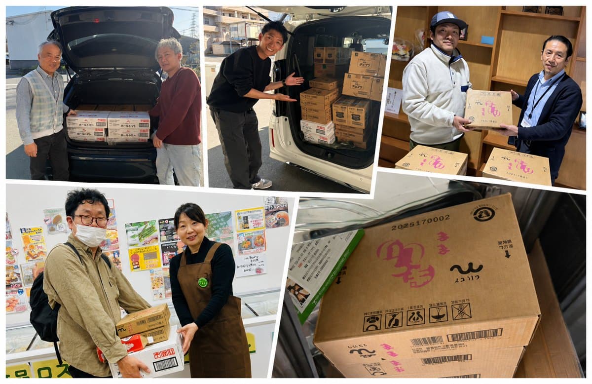 車両に積み込まれた支援食品の箱と、支援先の施設で食品を手渡すNPOスタッフ