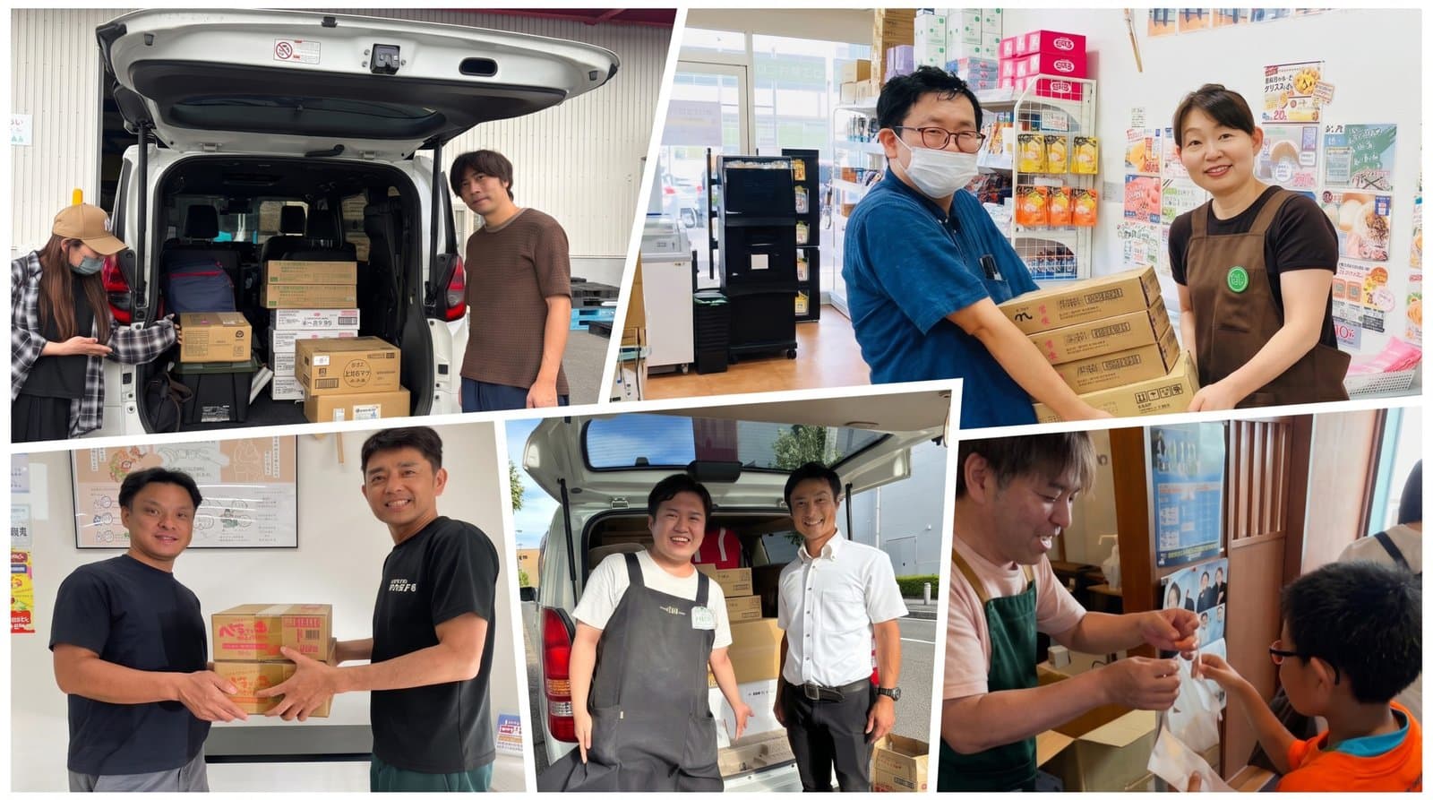 車両に積まれた食品の段ボール箱と、店内で箱を受け渡す人々や子どもに食品を手渡すスタッフ
