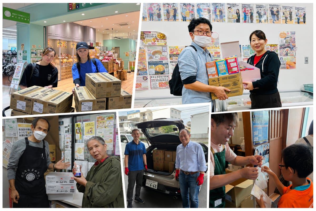 店頭や施設で食品を手渡すNPOスタッフと、車両に積まれた支援食品の段ボール箱