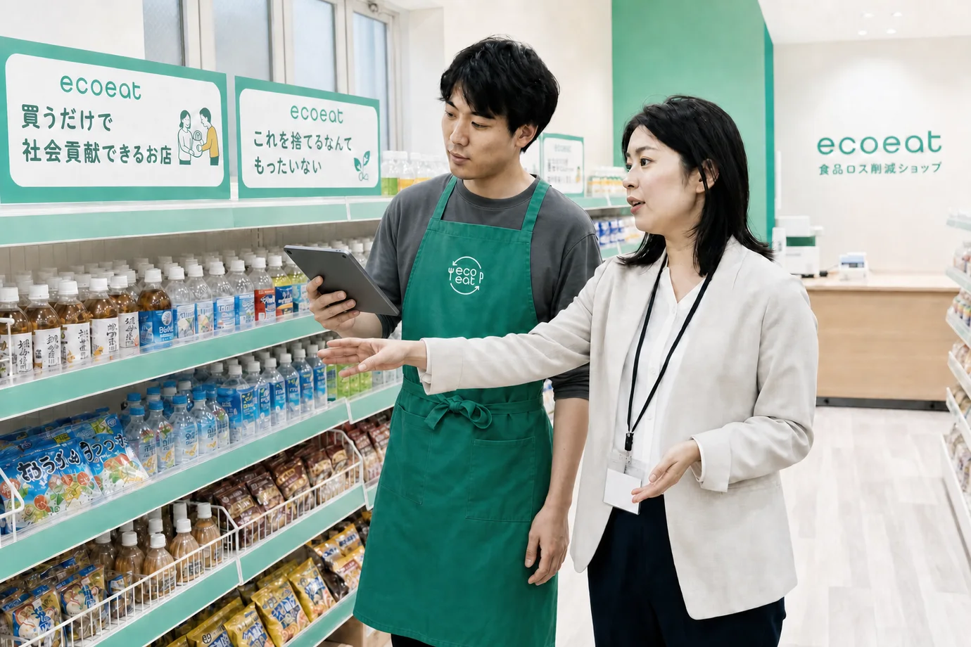 明るい売場で商品の見せ方を相談するecoeatの本部スタッフと店舗スタッフ