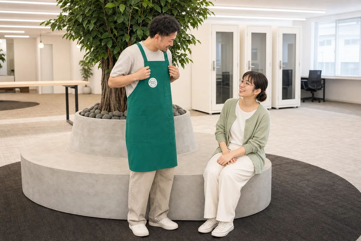 店舗訪問前にecoeatのエプロンを着けた本部スタッフ