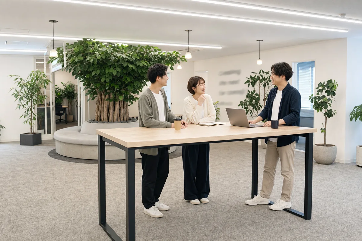 江坂本社のハイテーブルで立ち話をする本部スタッフ