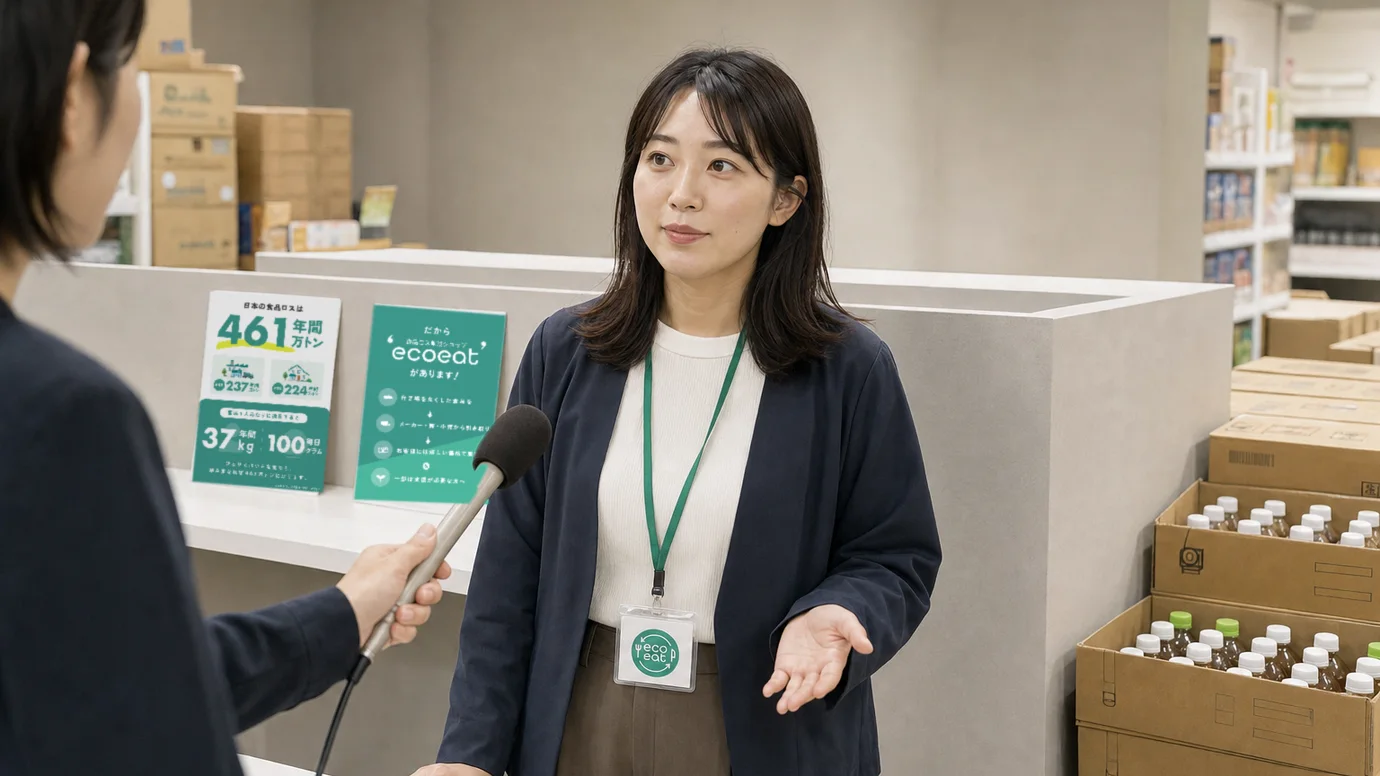 ecoeatの売場でテレビ取材に応じる本部の広報担当