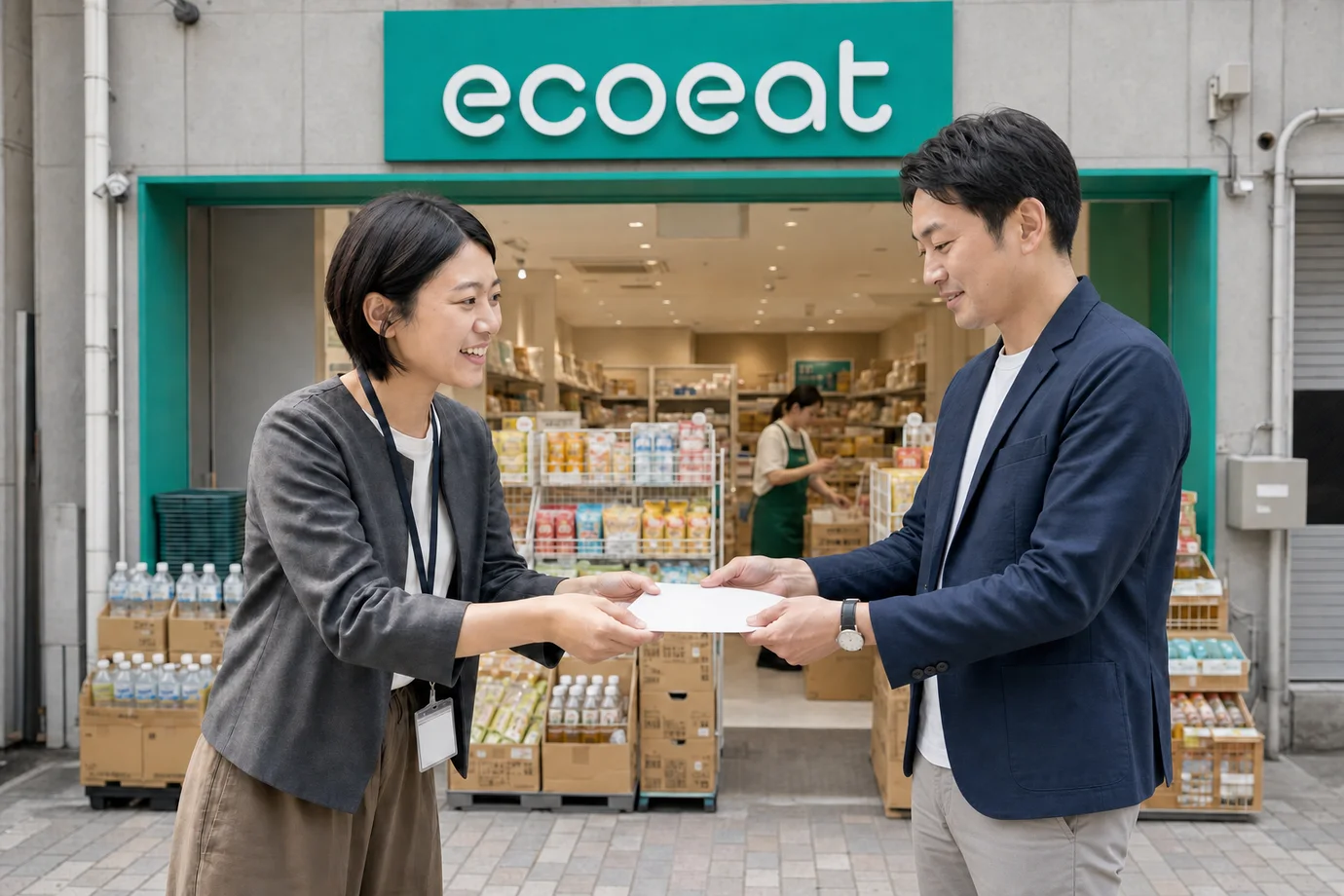 商店街でecoeat新店のチラシを手渡す本部スタッフ